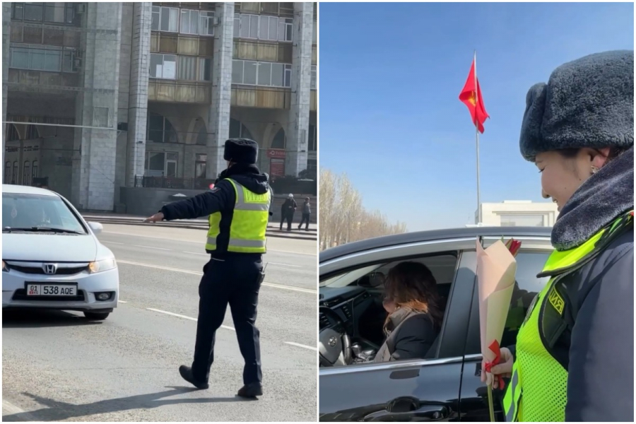 Патрульные в Бишкеке «штрафуют» автоледи цветами и подарками - видео
