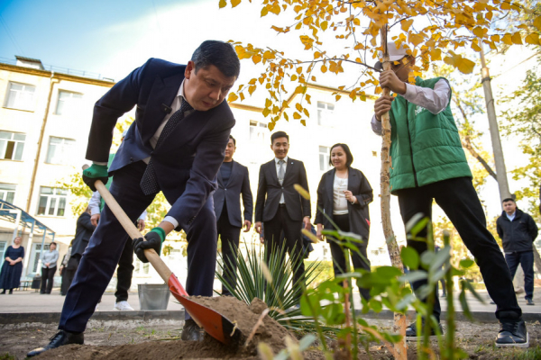 Мэр с главой Минприроды посадили саженцы возле бишкекской школы
